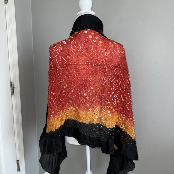 Vintage 100% Silk Textured Crinkle Scarf Autumn Colors Black Red Yellow Abstract - Picture 1 of 13
